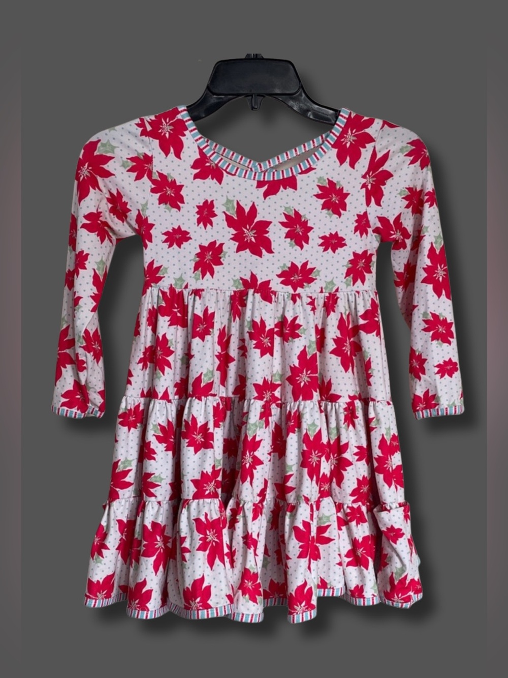 Sweet Caroline Girls 5/6 Christmas Poinsettia Twirl Dress Tiered Holiday